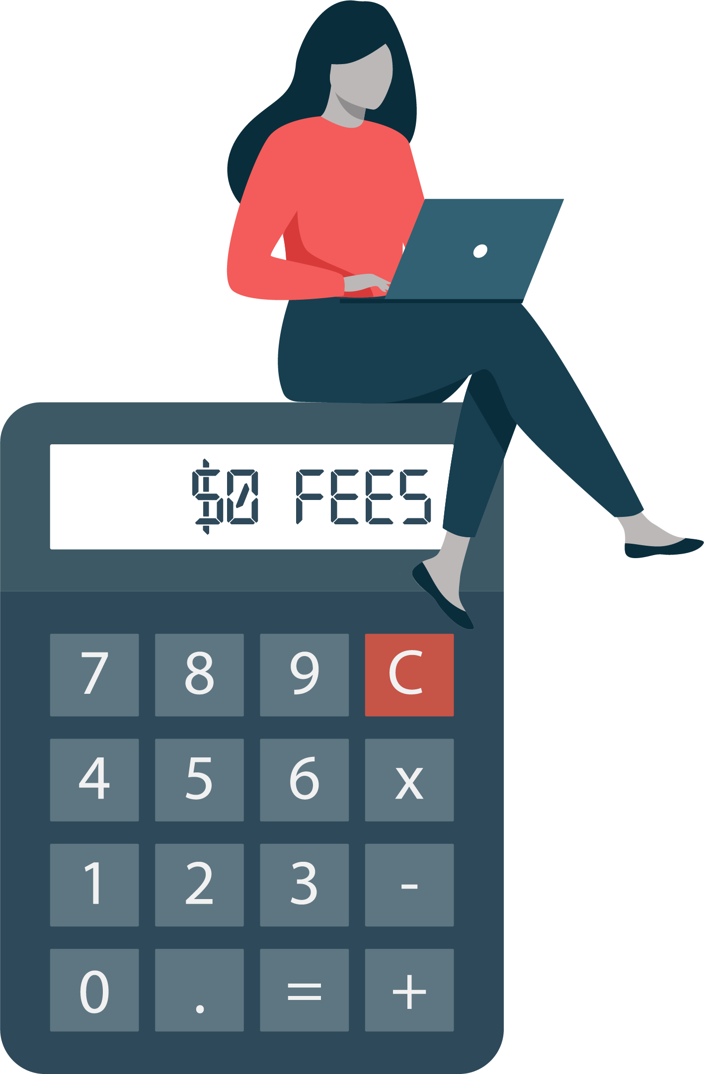 Illustrated HR professional in a red shirt sits on a calculator that reads "zero fees"