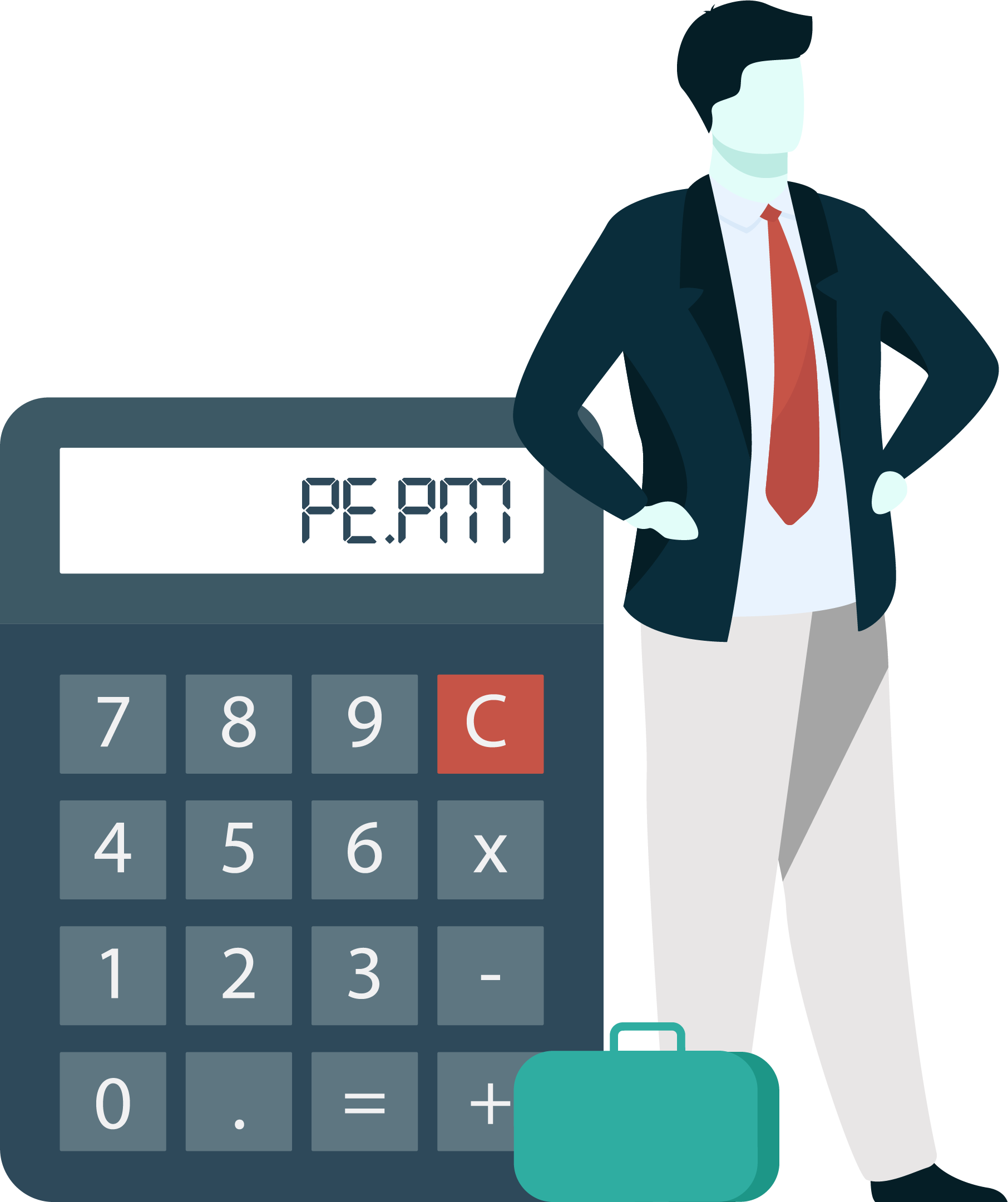 Illustrated benefits professional in suit next to financial wellbeing pricing calculator