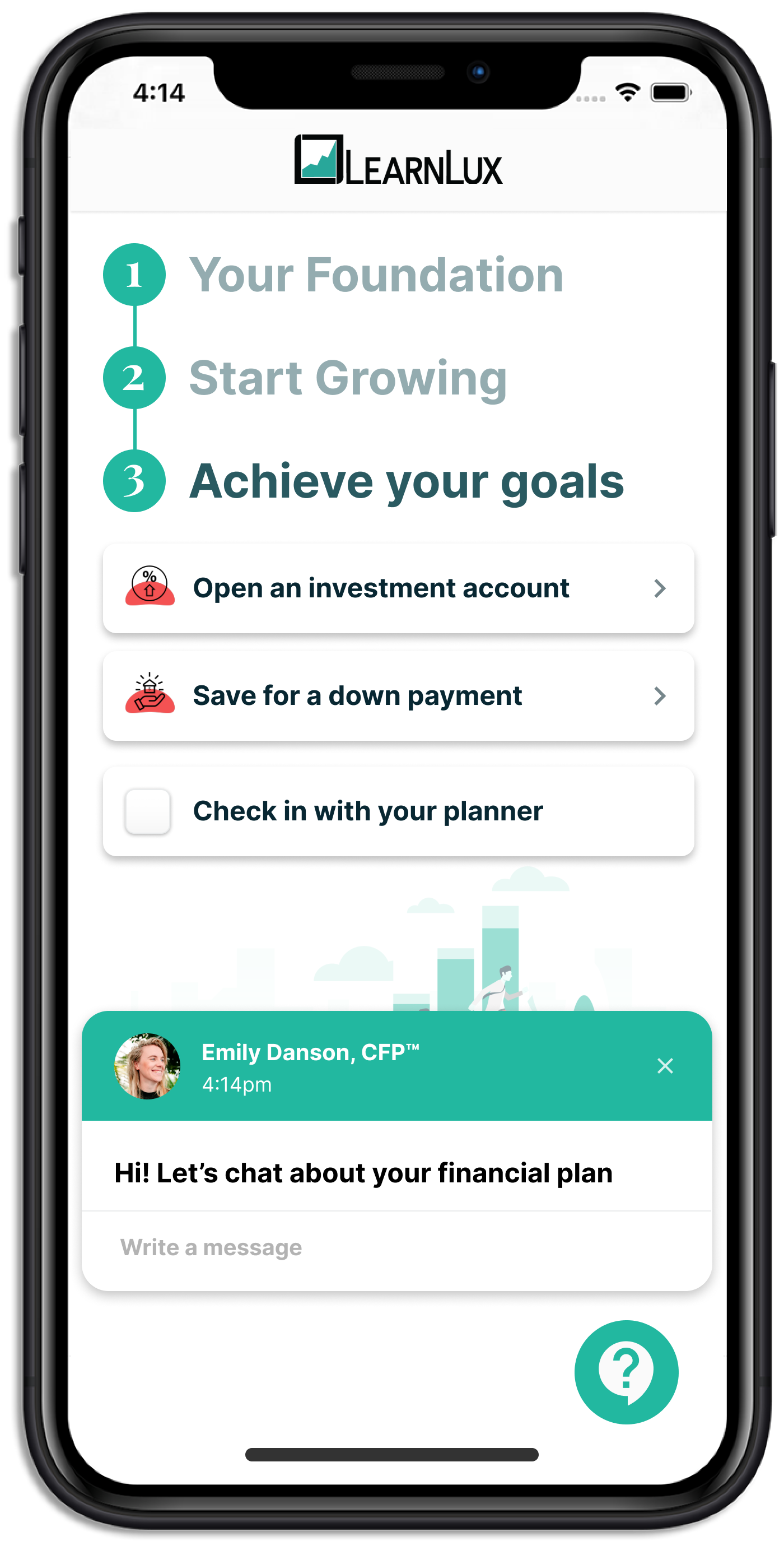 Black iPhone with LearnLux financial wellbeing program screenshot inside